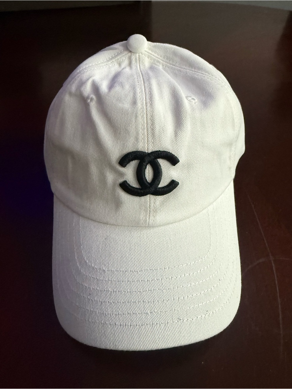 CHANEL White Baseball Cap with Black CC Logo